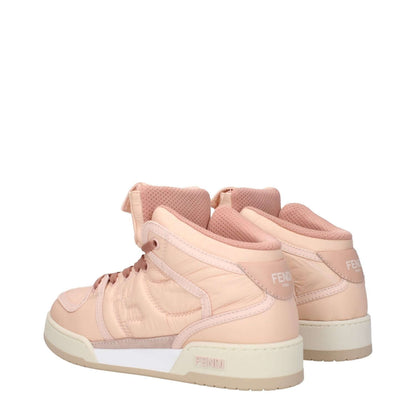 Alt Tag: Fendi Pink Nylon High Top Sneakers with side and back logos, lace-up closure, and rubber sole.