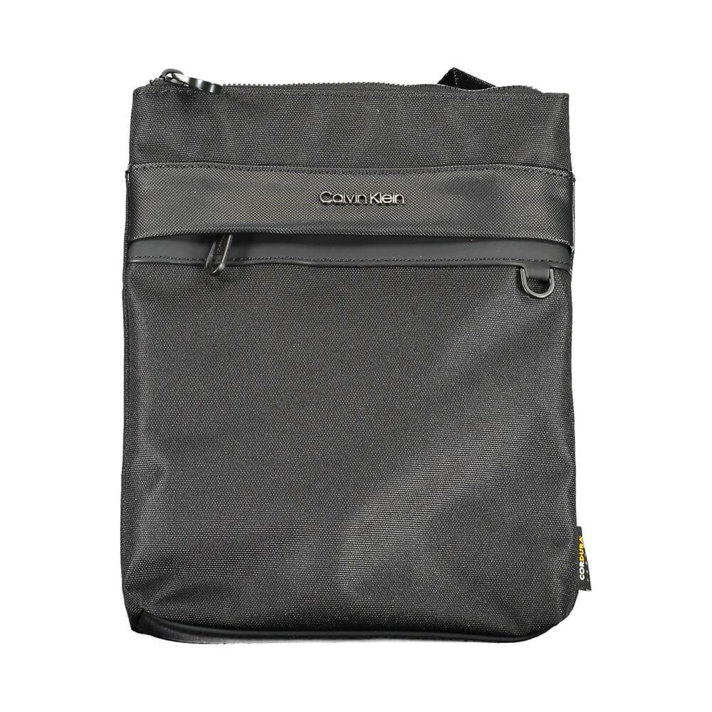 Calvin Klein Black Polyester Shoulder Bag with adjustable strap, external pocket, and logo detail. Made from 100% recycled polyester.