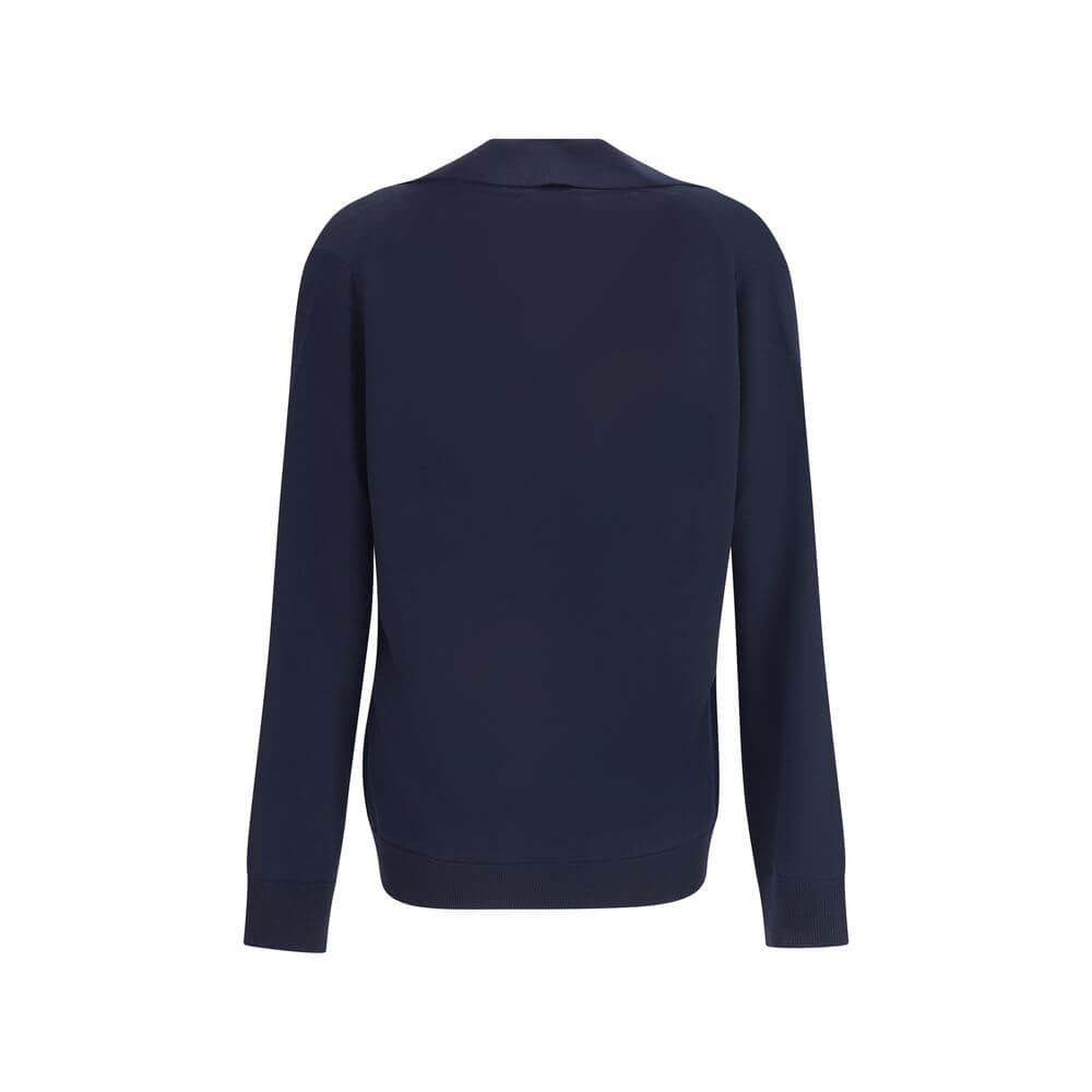 Back view of Gucci Blue Wool Sweatshirt with long sleeves and ribbed trims, featuring a classic collar and relaxed fit.