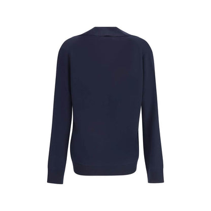 Back view of Gucci Blue Wool Sweatshirt with long sleeves and ribbed trims, featuring a classic collar and relaxed fit.