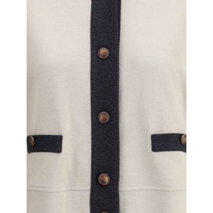 Brunello Cucinelli Gray Cotton Cardigan with front button closure and welt pockets, showcasing elegant design and craftsmanship.