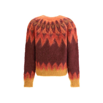 Back view of the Marant Etoile Blue Wool Sweatshirt featuring a vibrant Fair Isle pattern and ribbed trims, perfect for autumn-winter season.