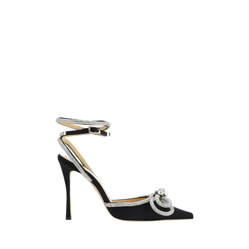MACH & MACH Black Silk Stiletto Heel Sandals with geometric toe, shiny bow, and beaded appliqué jewels, AW25 collection.
