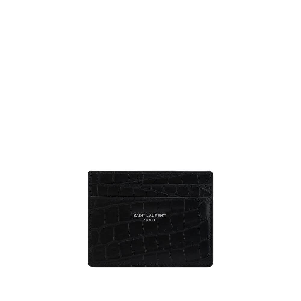 Saint Laurent Black Calf Leather Bos Taurus Wallet with animal-effect print and monogram, displaying front card slots and luxury design.