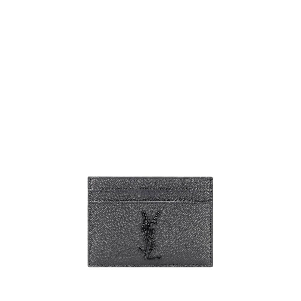 Saint Laurent Gray Calf Leather Bos Taurus Wallet with black embossed logo and card slots, designer calfskin accessory for AW25 season.