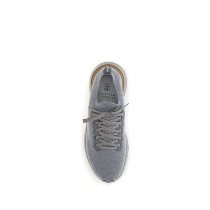 Top view of Brunello Cucinelli Gray Rubber Athletic Sneakers with lace-up design and logoed insole, featuring a snug ankle sock.