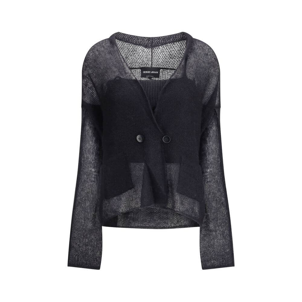 Giorgio Armani Black Mohair Cardigan, double-breasted design with mesh stitching, elegant and versatile AW25 fashion ensemble.