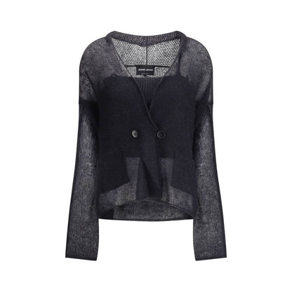 Giorgio Armani Black Mohair Cardigan, double-breasted design with mesh stitching, elegant and versatile AW25 fashion ensemble.