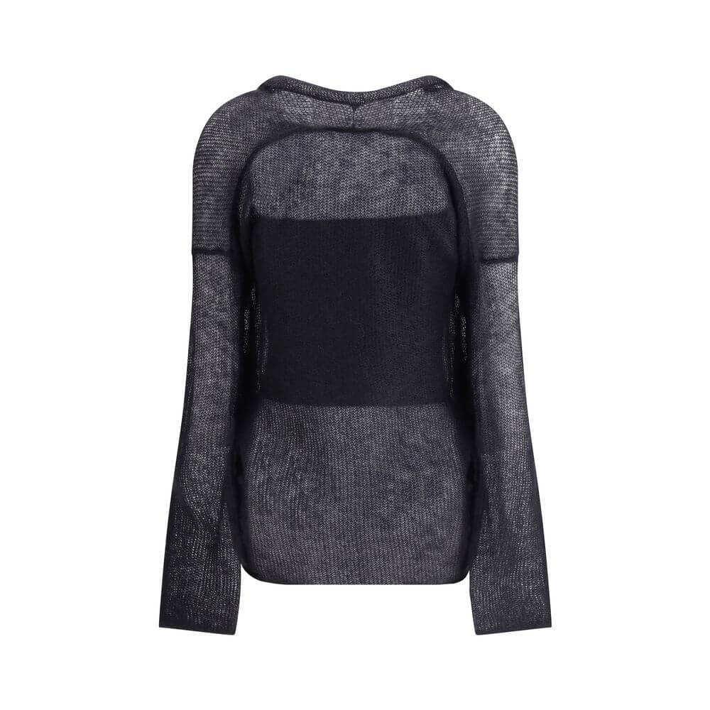 Giorgio Armani Black Mohair Cardigan with mesh stitching, double-breasted design, and relaxed fit for elegant daytime look.
