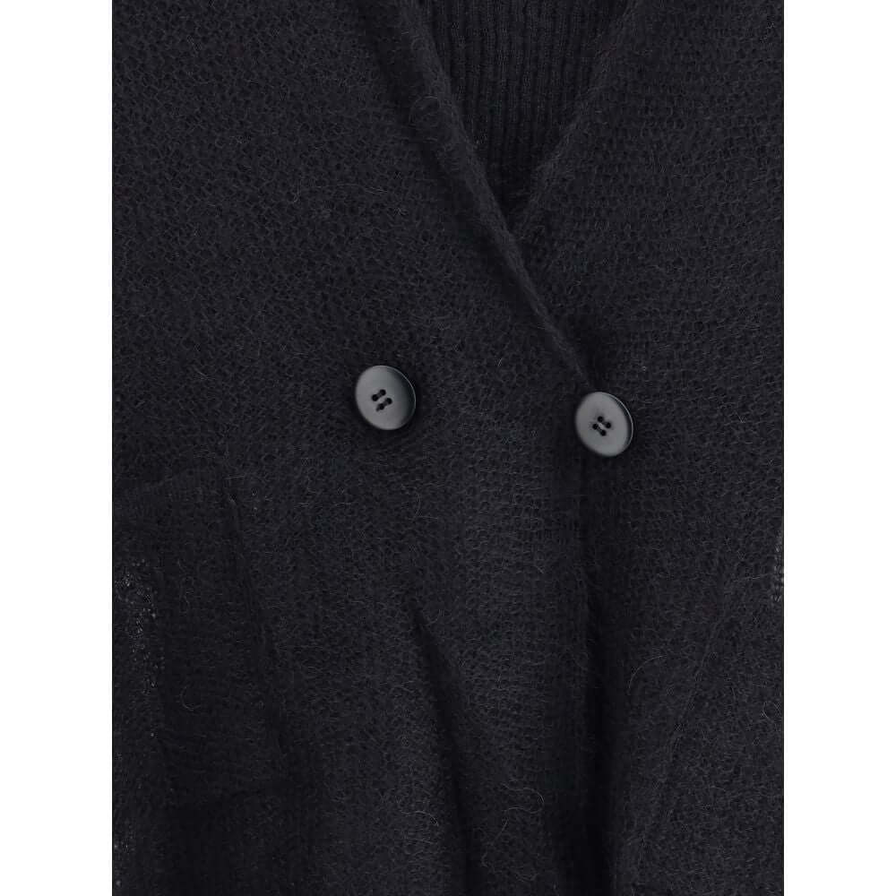 Close-up of Giorgio Armani Black Mohair Cardigan with double-breasted buttons and refined mesh stitching.