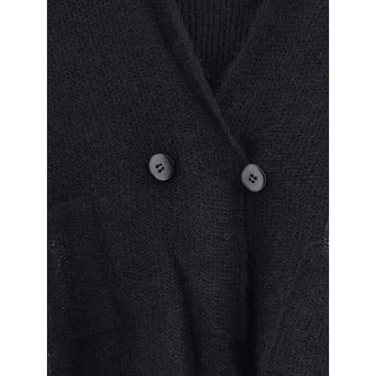 Close-up of Giorgio Armani Black Mohair Cardigan with double-breasted buttons and refined mesh stitching.