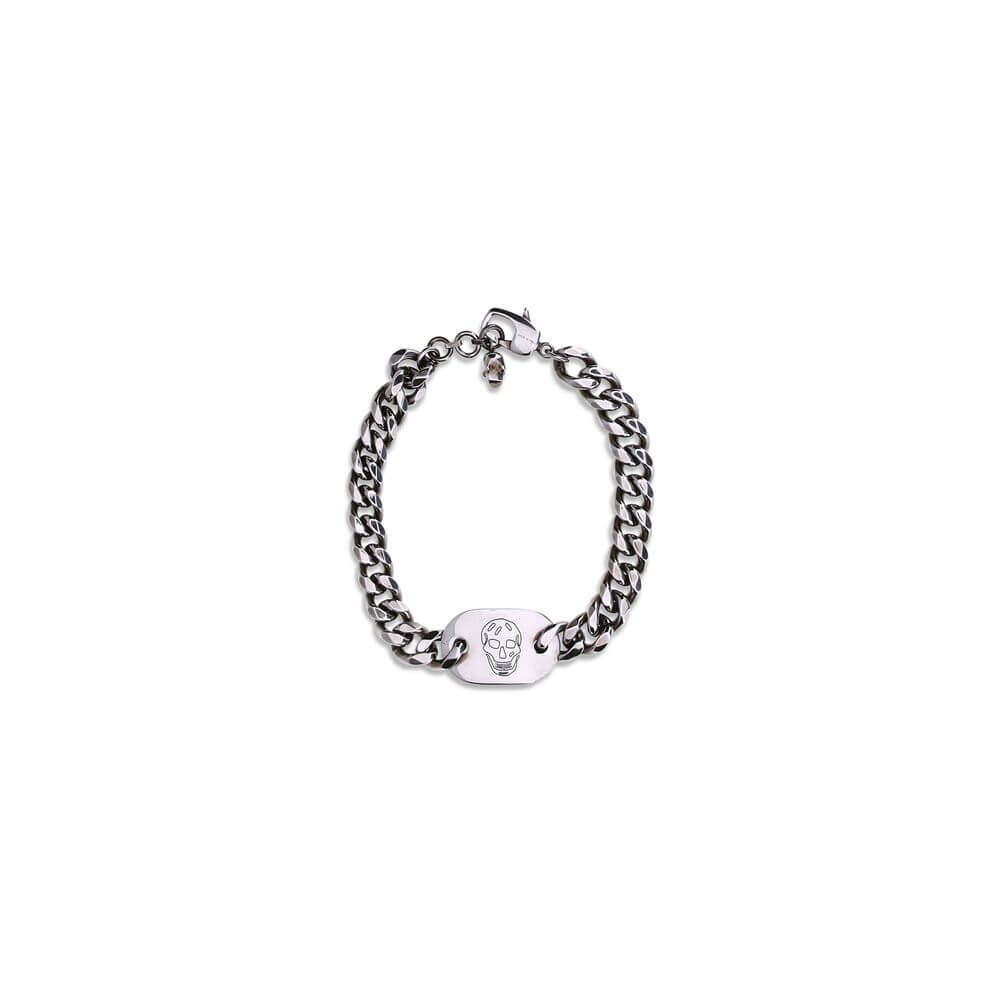 Alexander McQueen Silver Brass Bracelet with skull charm and logo engraved, features antiqued silver finish and adjustable chain.