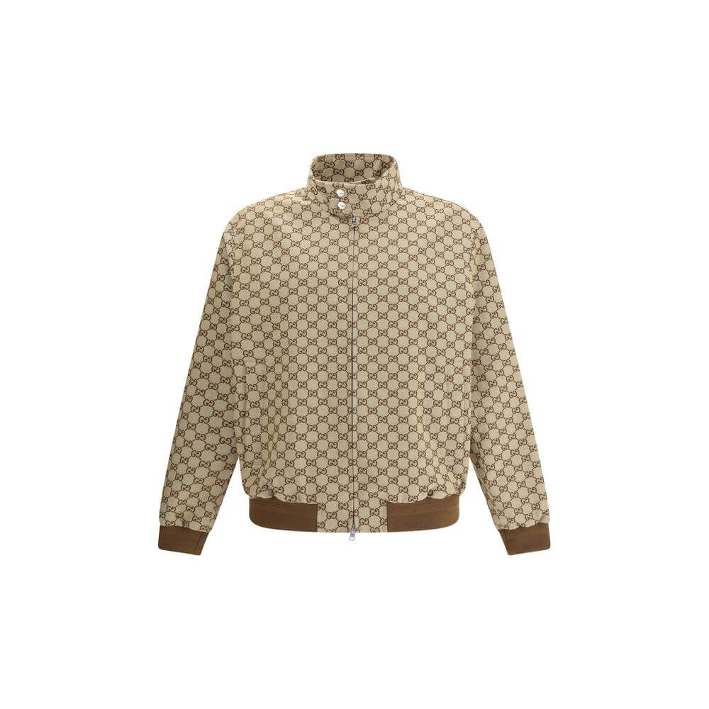Gucci Beige Cotton Shell Jacket with GG Supreme design, high collar, snap buttons, and ribbed cuffs for AW25 season.