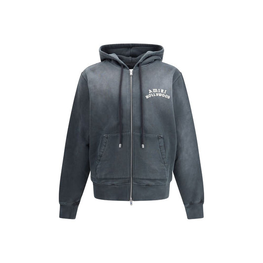 Amiri Black Cotton Sweatshirt with "Hollywood" motif, kangaroo pocket, zip closure, 100% cotton, urban streetwear style