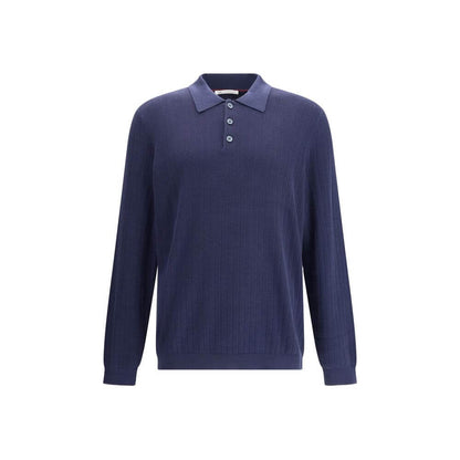 Brunello Cucinelli Blue Cotton Sweatshirt with ribbed design and three-button closure, made in Italy, AW25 season, regular fit.