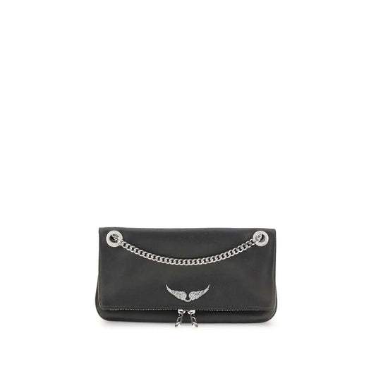 Zadig & Voltaire Black Leather Shoulder Bag with chain strap, flap with magnetic closure, featuring a rock-chic design and logo on front.