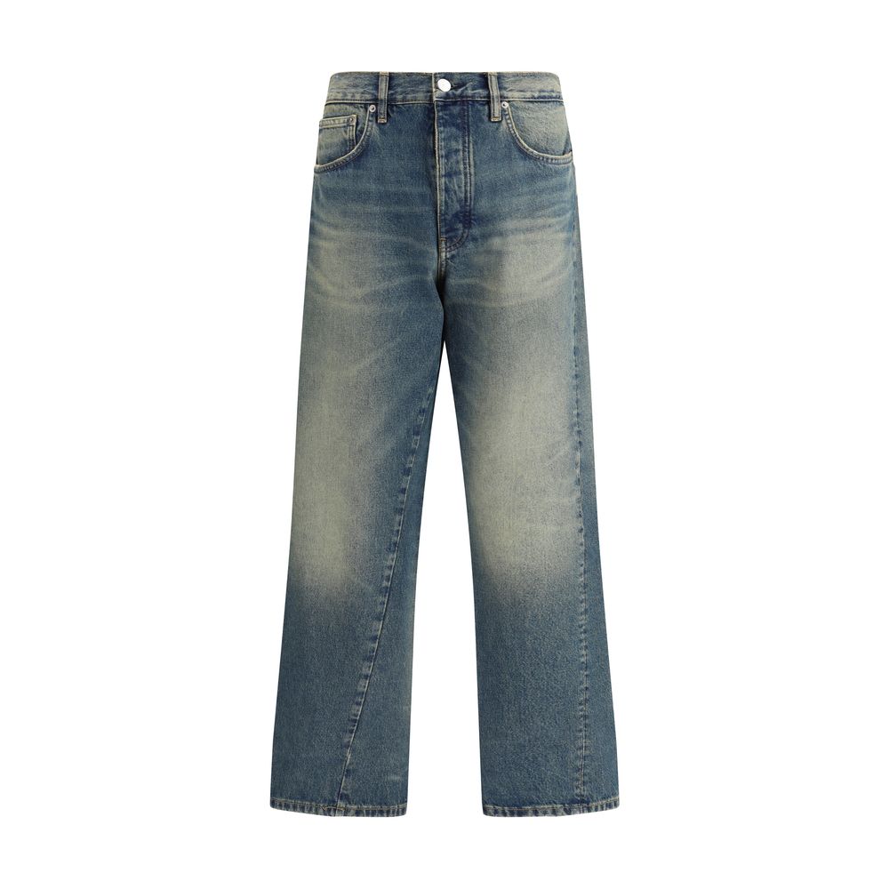 Sunflower Blue Cotton Jeans Denim with wide twist cut, recycled metal trim, and vintage wash effect.