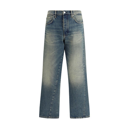 Sunflower Blue Cotton Jeans Denim with wide twist cut, recycled metal trim, and vintage wash effect.