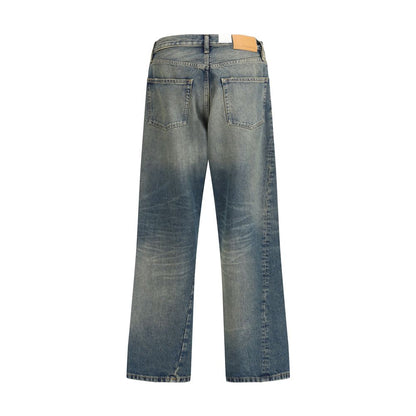 Sunflower Blue Cotton Jeans Denim with wide twist seams and vintage dirty dye effect, highlighting the sustainable recycled metal trim.