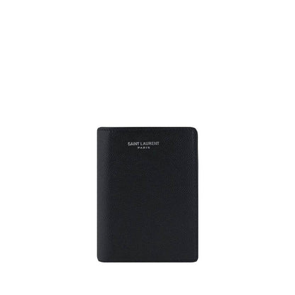 Saint Laurent Black Calf Leather Bos Taurus Wallet, embossed grained leather, billfold design, iconic print, card slots, made in Italy.