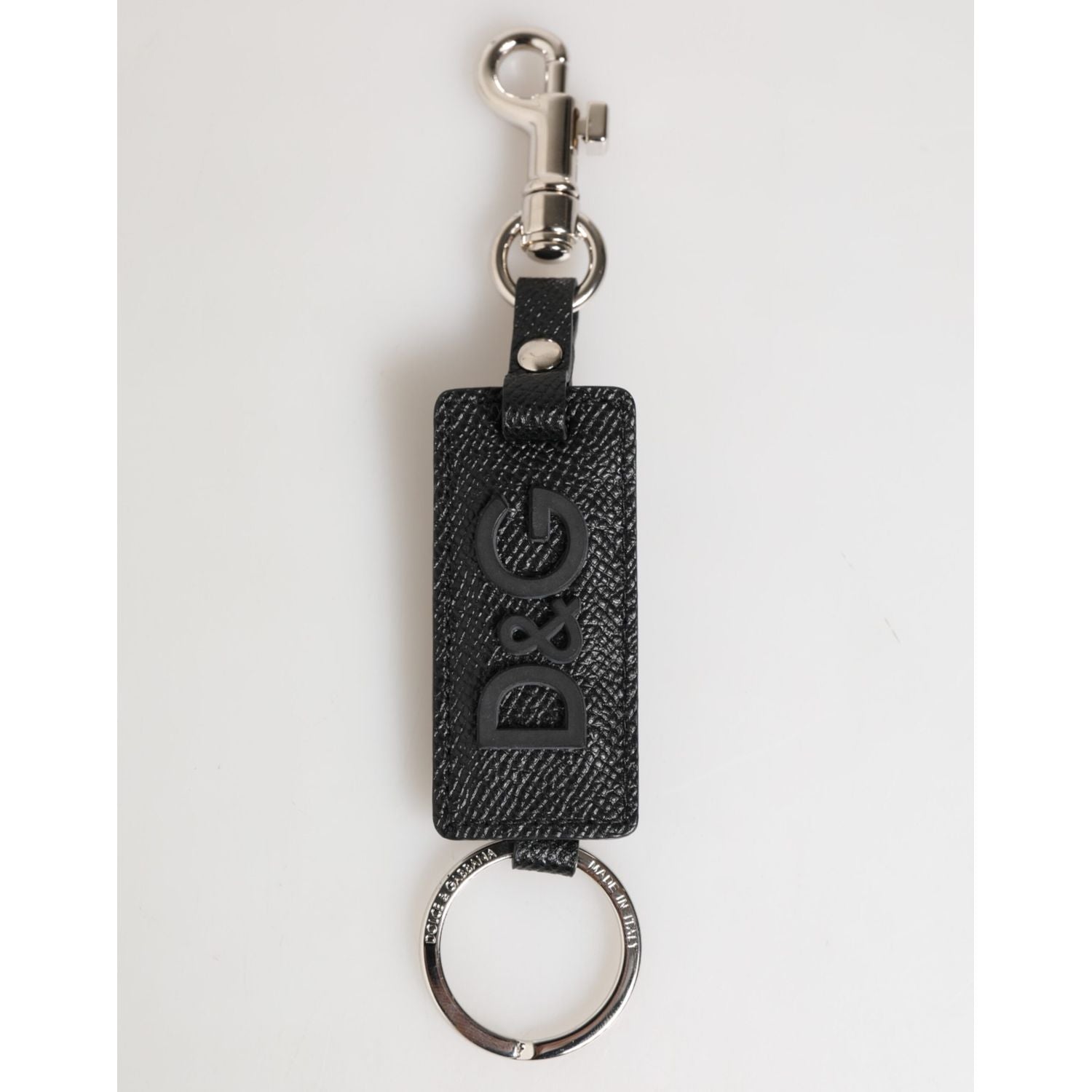 Dolce & Gabbana Black Leather Logo Metal Ring Keychain Holder Keyring