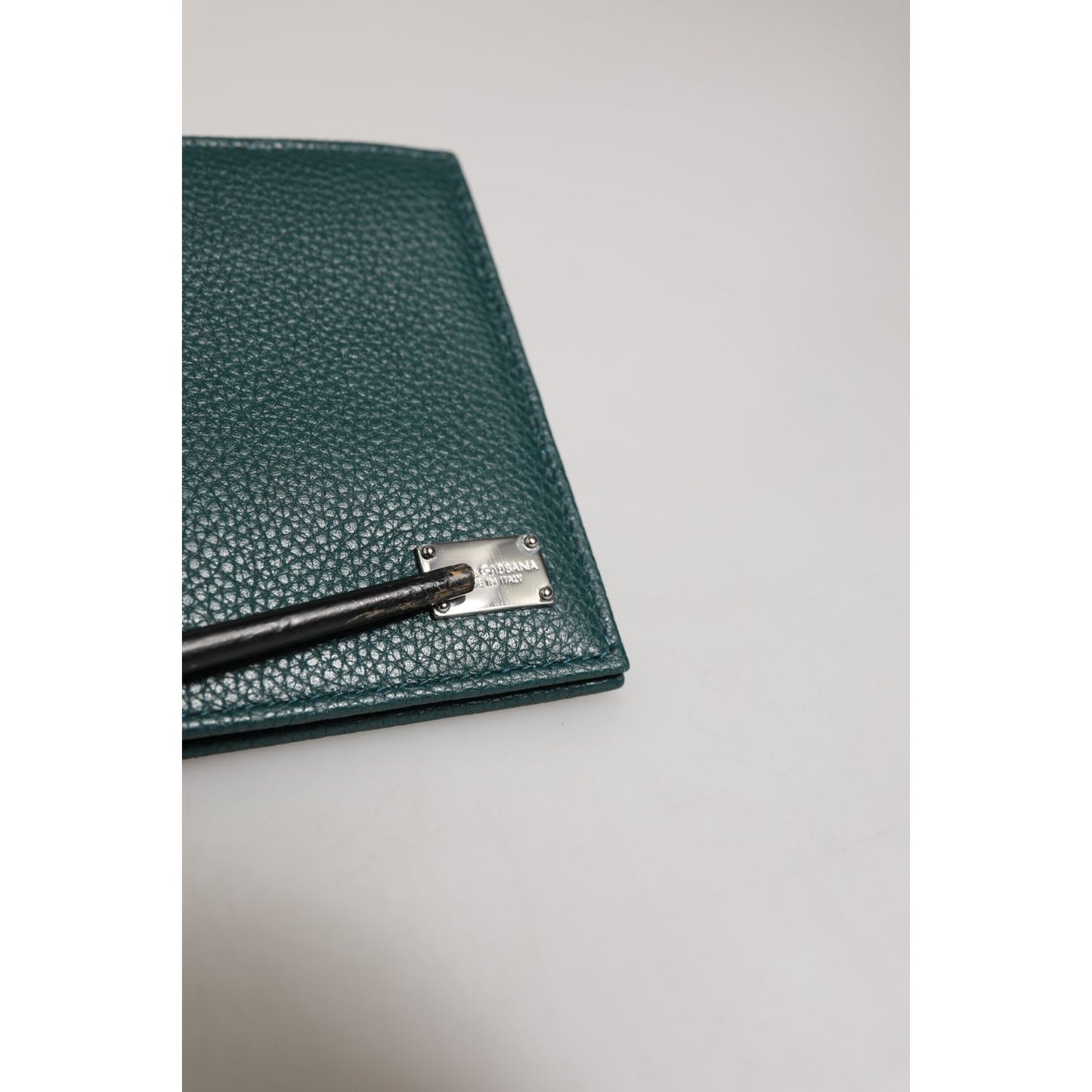 Dolce & Gabbana Green Leather DG Logo Engrave Men Bifold Card Holder Wallet with metal logo plaque
