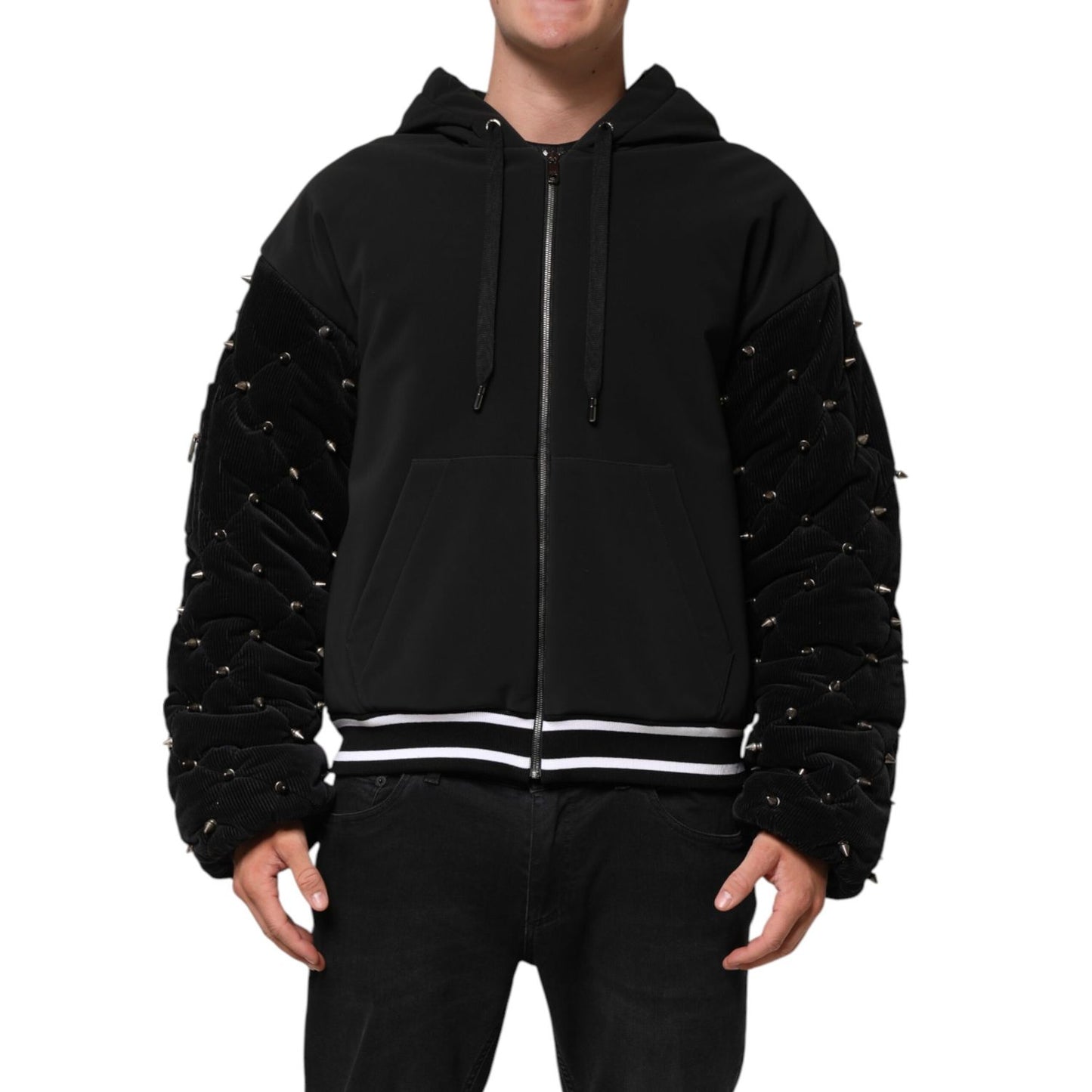 Dolce & Gabbana Black Cotton Quilted Studded Sleeve Hoodie Jacket with zipper closure, showcasing luxury Italian craftsmanship.