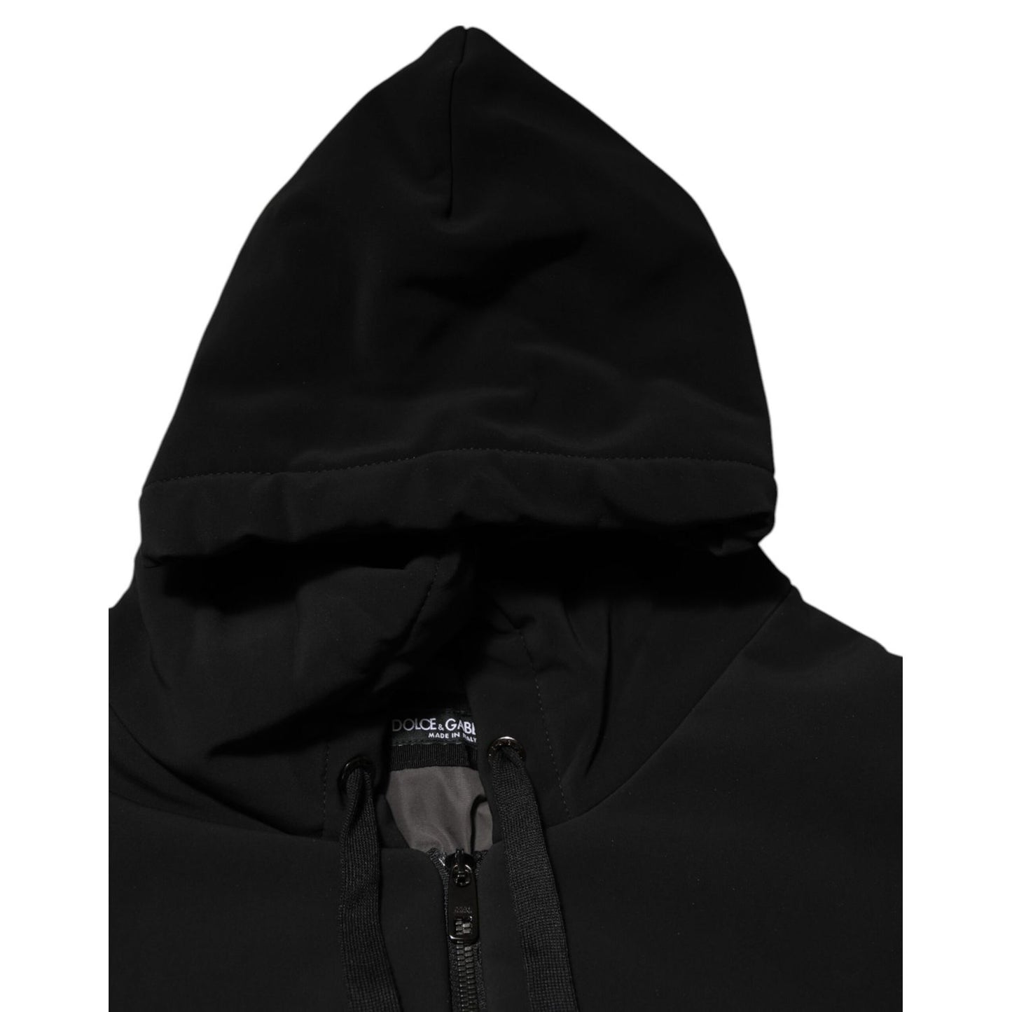 Dolce & Gabbana Black Cotton Quilted Studded Sleeve Hoodie Jacket with hood detail shown in close-up view.