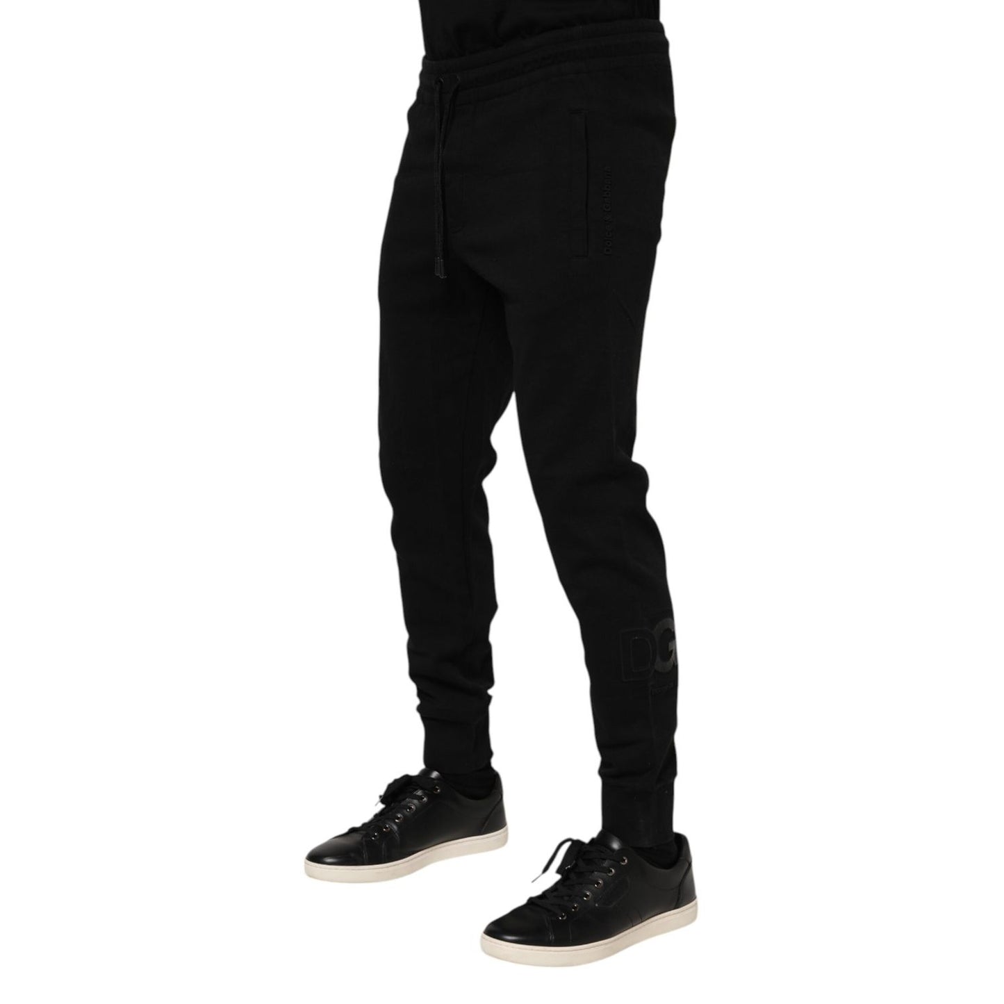 Dolce & Gabbana Black Cotton Jogger Jogging Men Trouser Pants with drawstring closure and logo details, shown from the front.