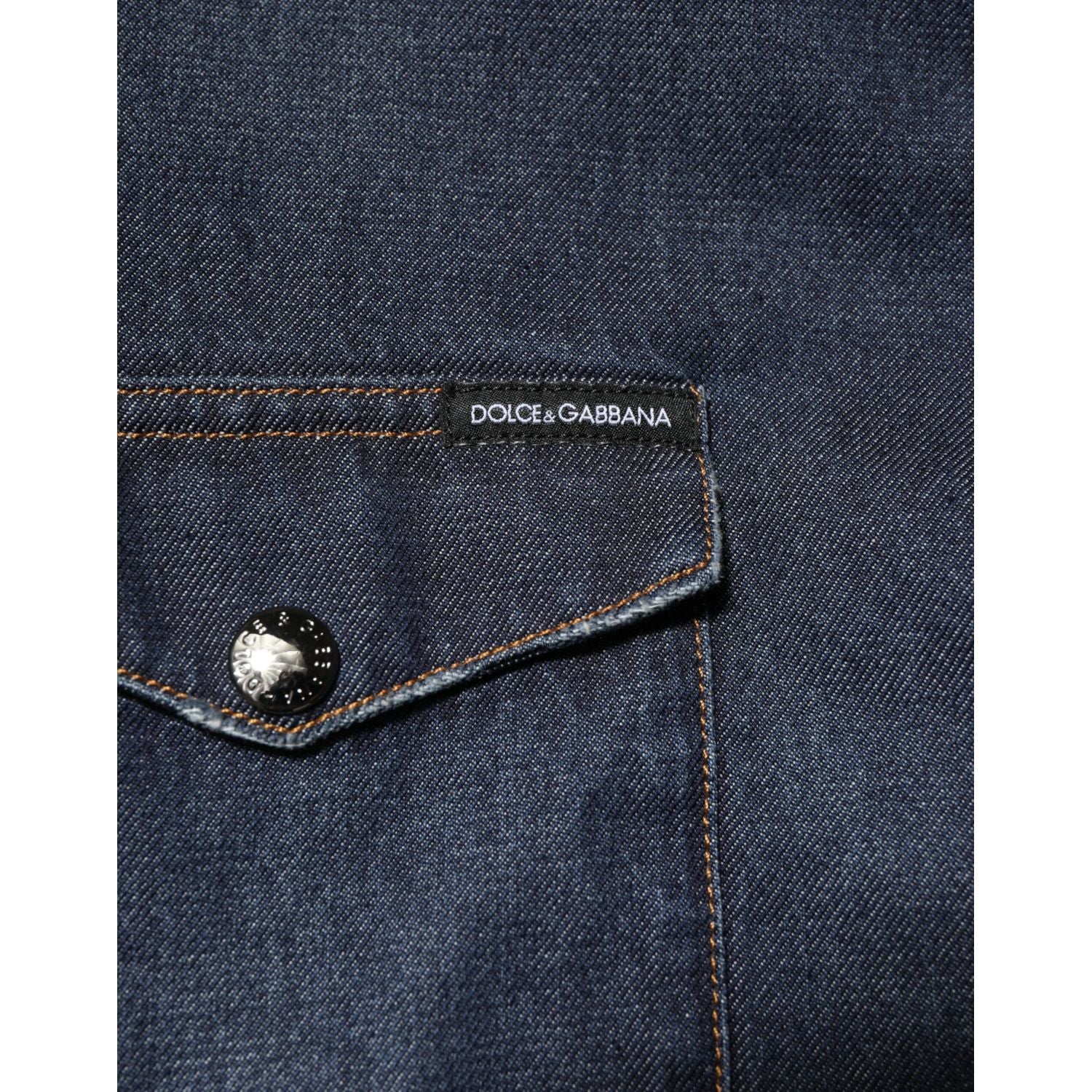 Dolce & Gabbana Blue Denim Button Casual Logo Patch Men Shirt