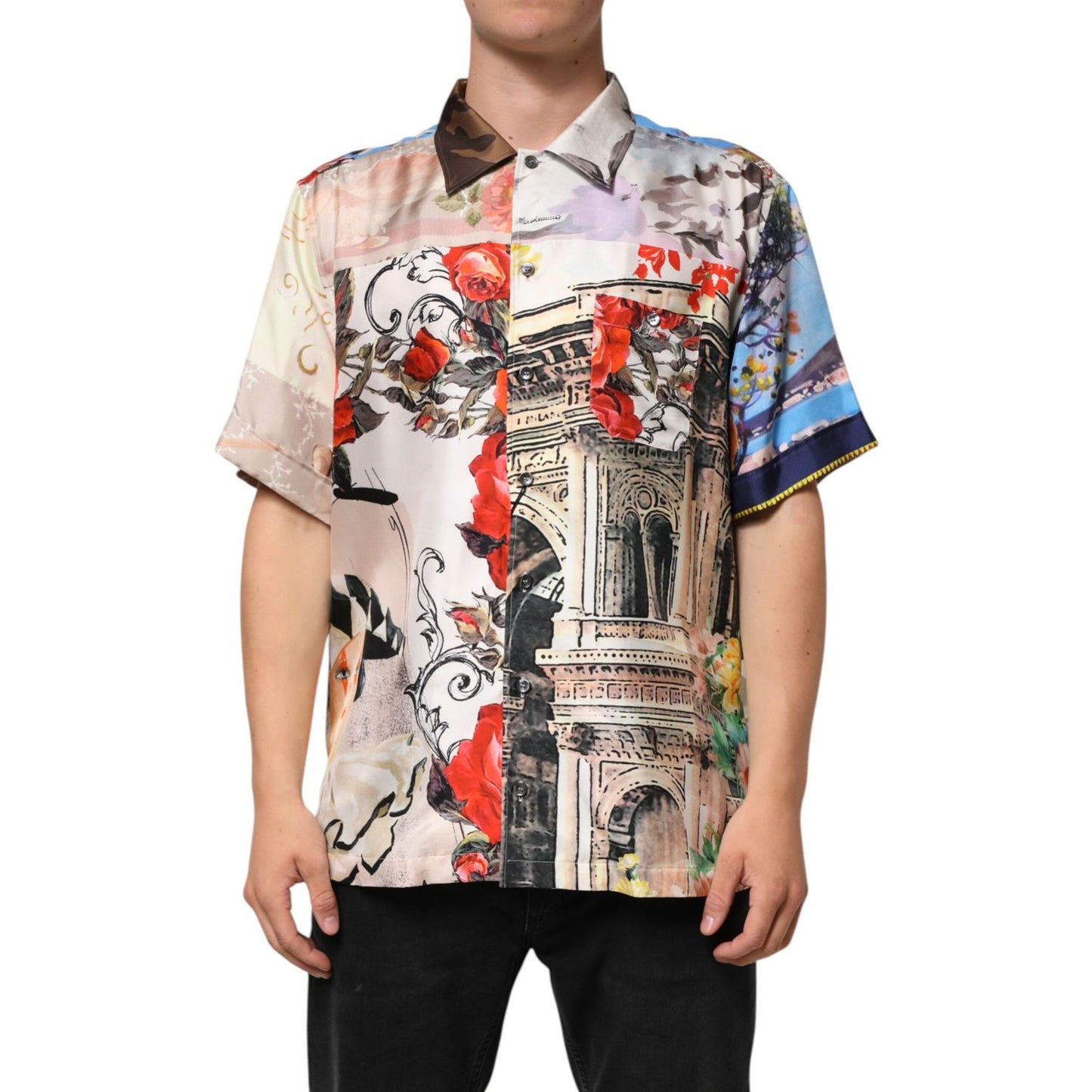 Dolce & Gabbana Multicolor Printed Casual Short Sleeve Shirt in pure silk with architectural motifs and floral accents.