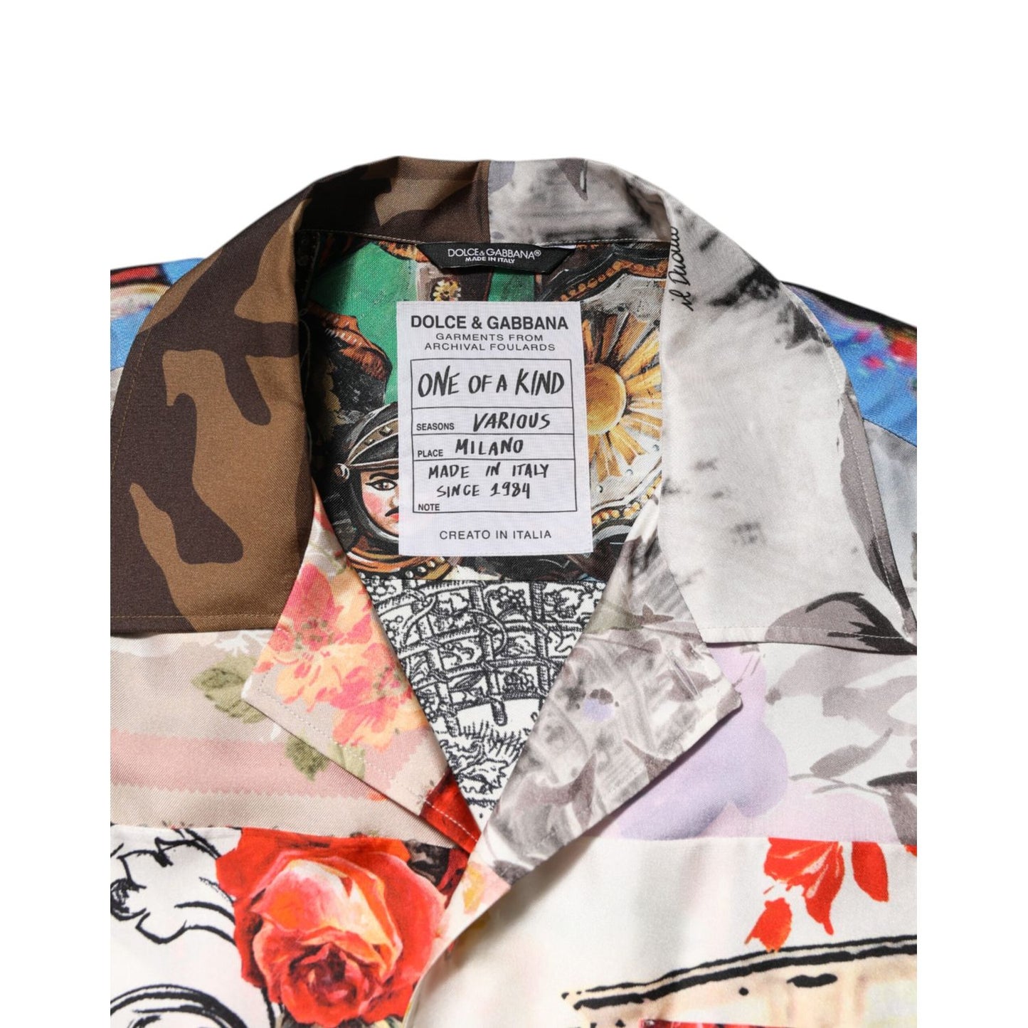 Dolce & Gabbana Multicolor Printed Casual Short Sleeve Shirt featuring vibrant collage print with architectural motifs and floral accents.