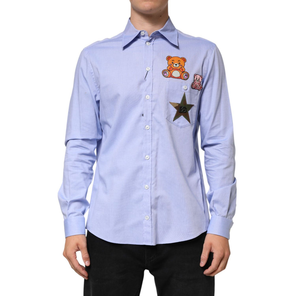 Dolce & Gabbana Light Blue Cotton Teddy Bear Long Sleeve Shirt with playful appliqués and button-up style.