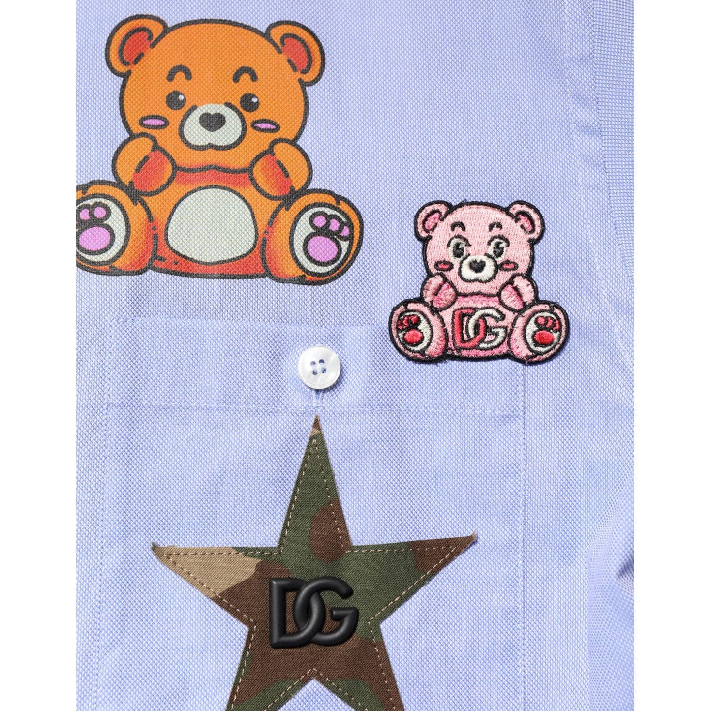 Dolce & Gabbana Light Blue Cotton Teddy Bear Long Sleeve Shirt with playful bear and star appliqués on the chest.