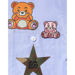 Dolce & Gabbana Light Blue Cotton Teddy Bear Long Sleeve Shirt with playful bear and star appliqués on the chest.