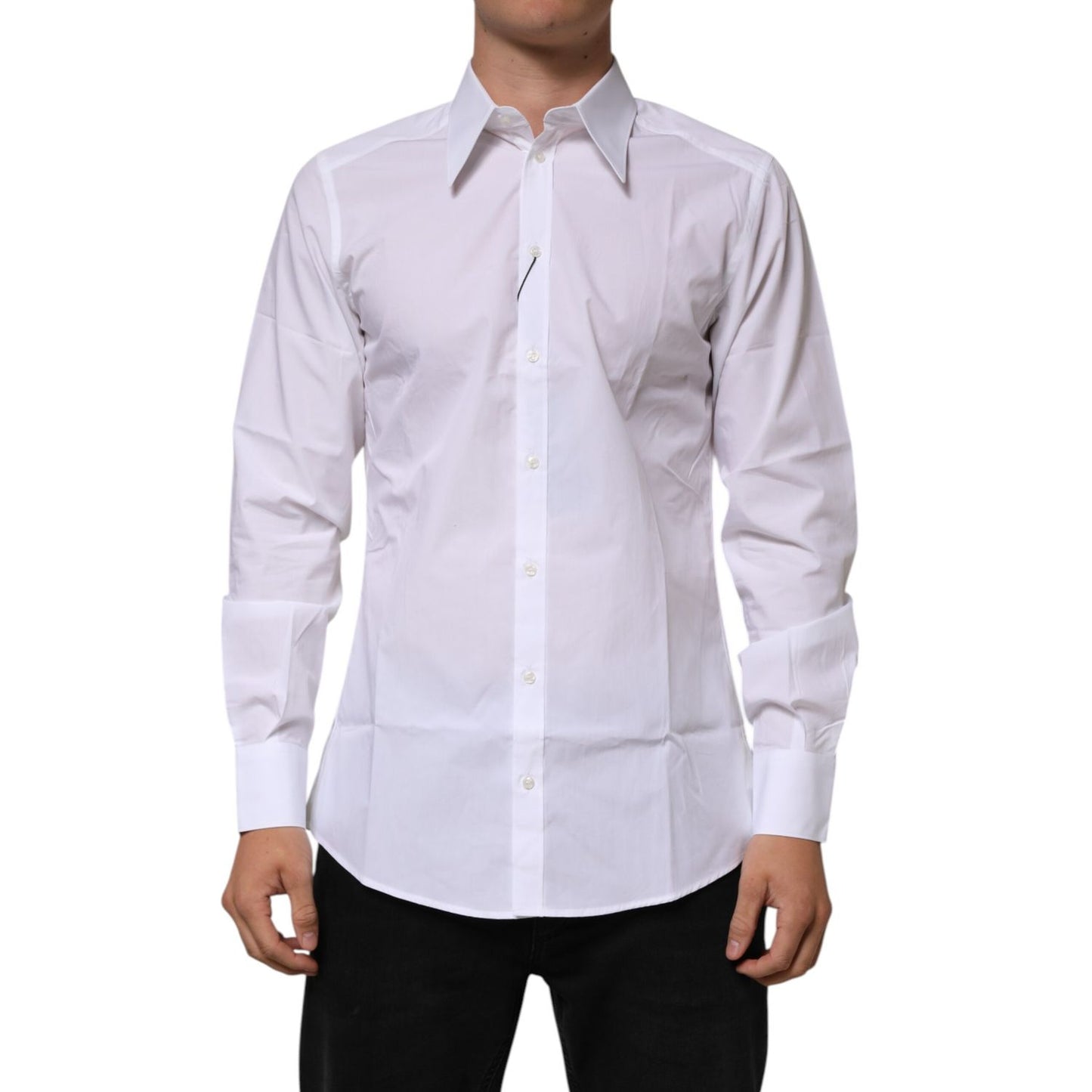 Dolce & Gabbana White Cotton Slim Fit Dress Formal Men Shirt, elegant luxury attire for business and upscale occasions.