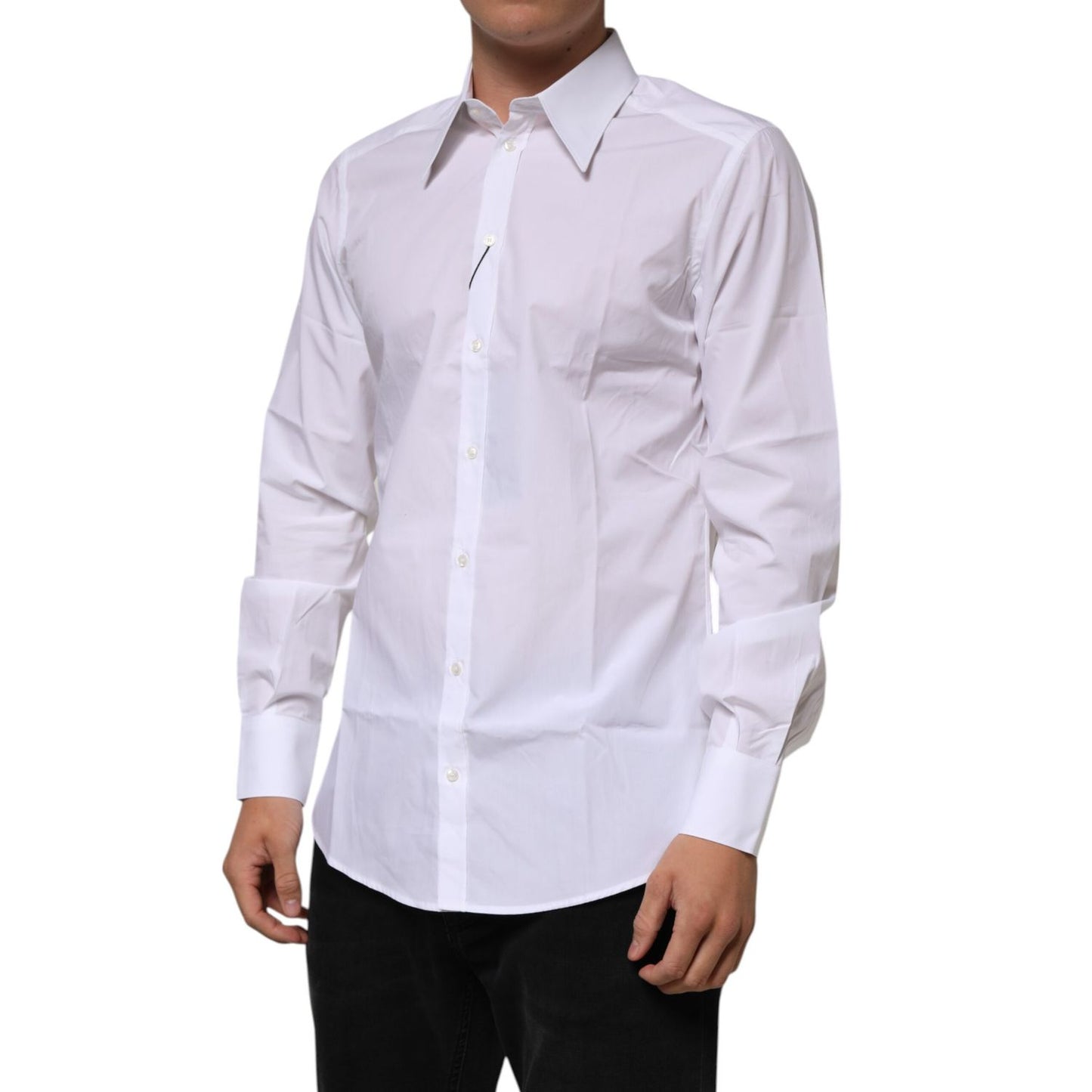 Dolce & Gabbana White Cotton Slim Fit Dress Formal Men Shirt featuring a crisp design, button closure, and classic style.