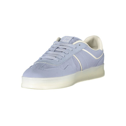 Tommy Hilfiger Blue Leather Women Sneaker with white accents; durable blend of polyester, leather, polyethylene for style and comfort.
