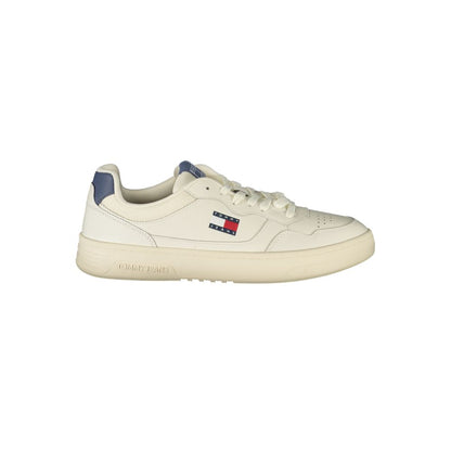 Tommy Hilfiger White Leather Men Sneaker with blue accents and logo, offering comfort and style for casual occasions.