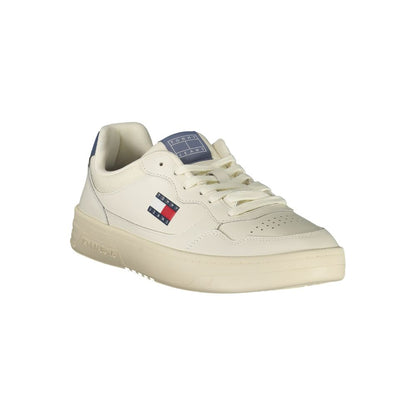 Tommy Hilfiger White Leather Men Sneaker with blue accents and logo, offering a sleek sporty chic look for modern men.