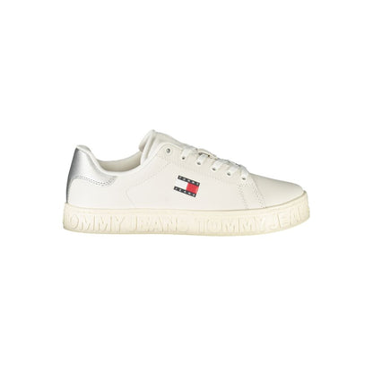 Tommy Hilfiger White Leather Women Sneaker with silver accents and iconic logo, featuring a comfortable removable footbed.