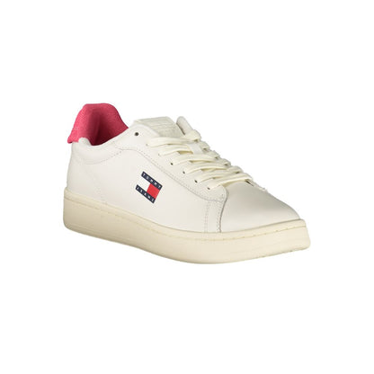 Tommy Hilfiger White Leather Women Sneaker with fuchsia accents and logo, highlighting style and comfort.