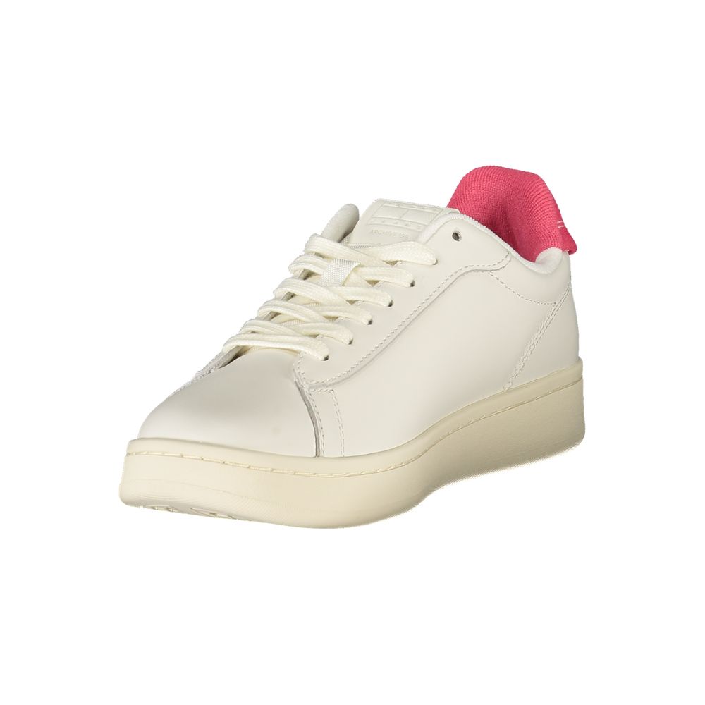 Tommy Hilfiger White Leather Women Sneaker with fuchsia accents and lace-up design.