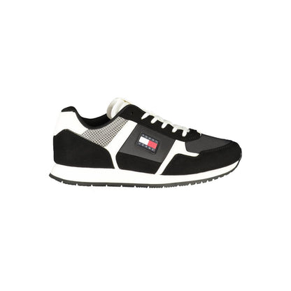 Tommy Hilfiger Black Polyester Men Sneaker with contrasting details and iconic logo, featuring removable footbed for comfort.