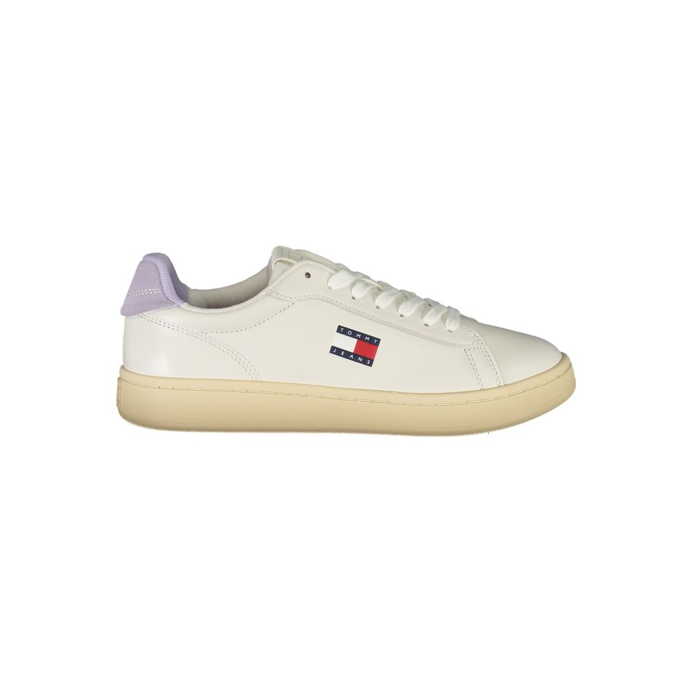 Tommy Hilfiger White Leather Women Sneaker with wisteria accents and logo detailing, side profile view on a plain background.