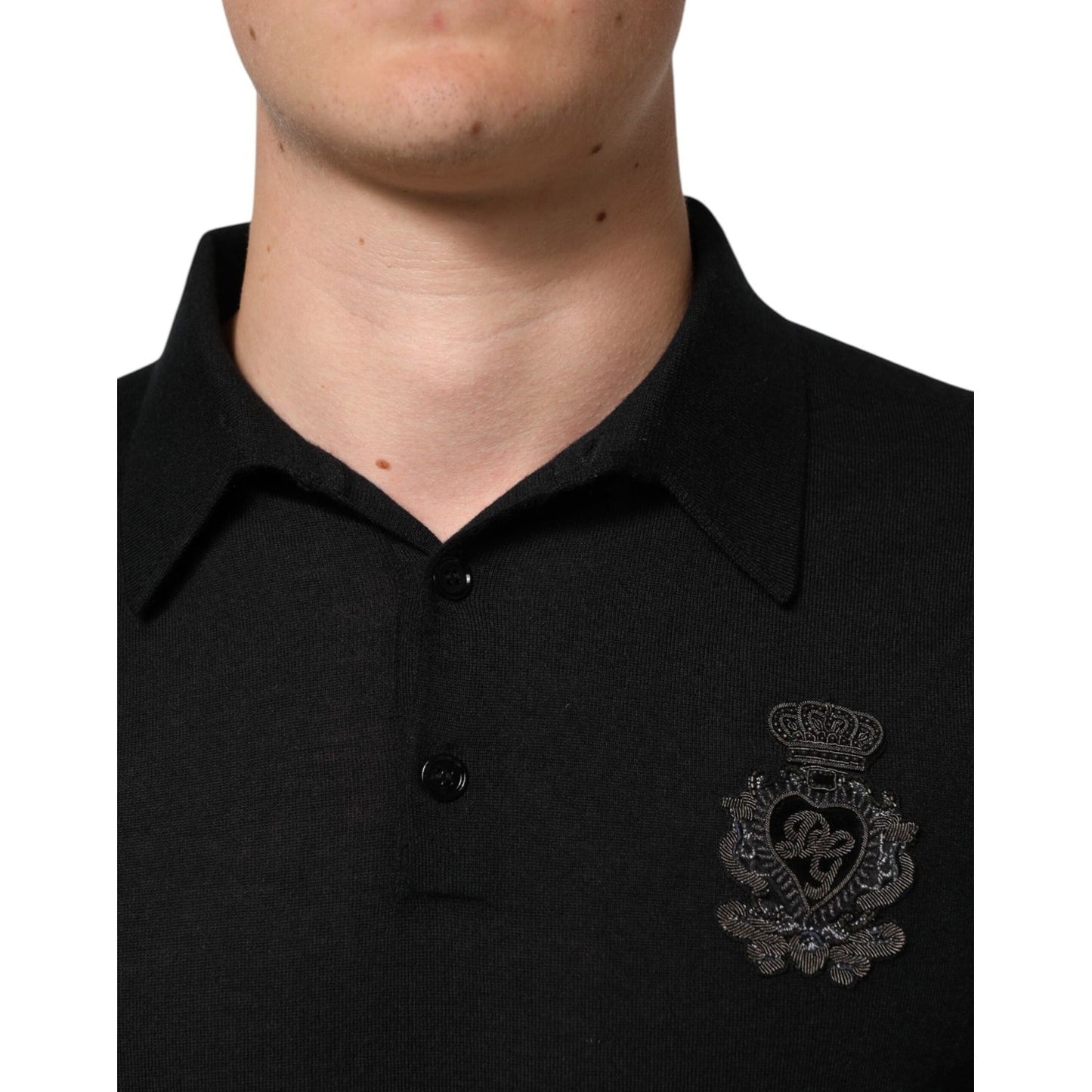 Dolce & Gabbana Black Cashmere Polo Men Longsleeves Sweater with embroidered DG logo detail