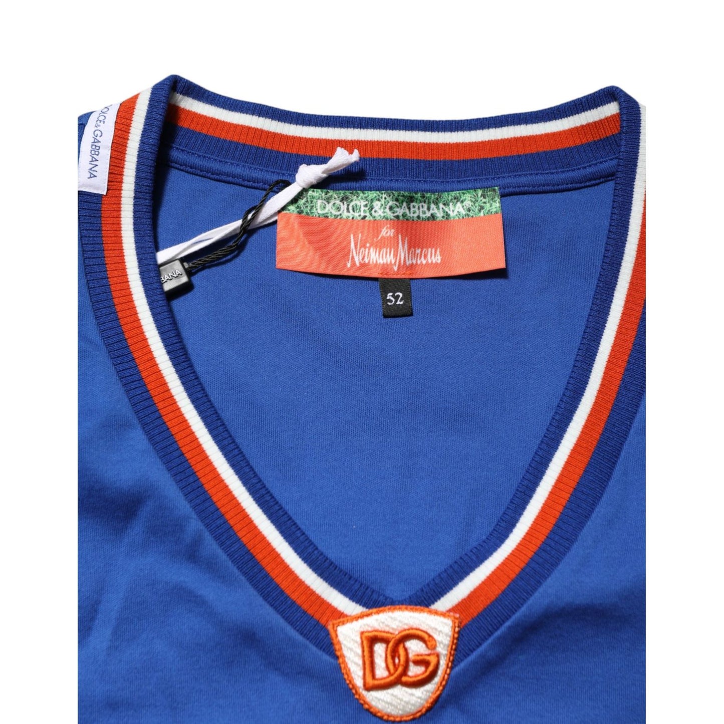 Dolce & Gabbana Blue Cotton DG Logo Mesh Jersey T-shirt with white and red accents, showing collar and logo details.
