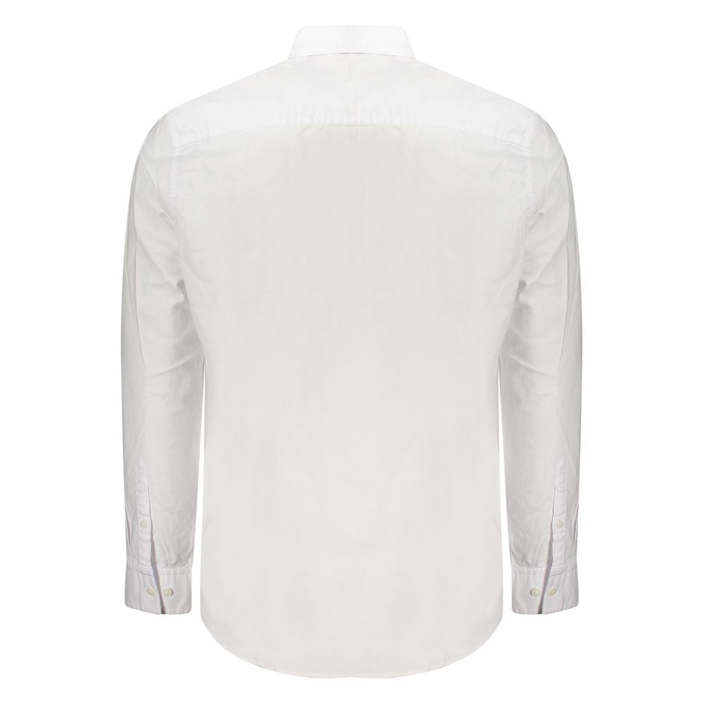 Back view of Calvin Klein White Cotton Men Shirt with long sleeves and button-down collar.