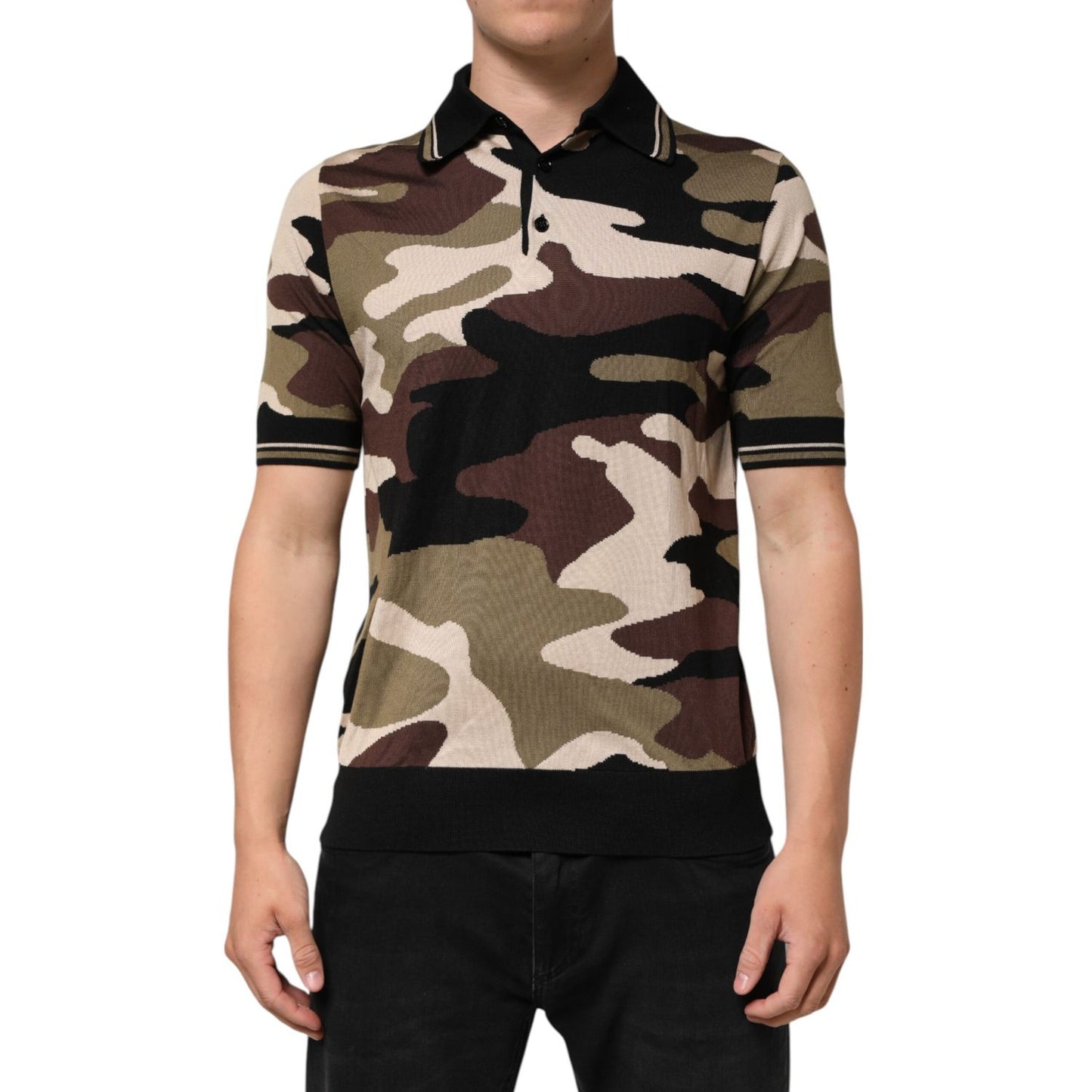 Dolce & Gabbana Camouflage Brown Silk Military Polo T-shirt with short sleeves, regular fit, luxury silk fabric, and bold pattern.