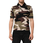 Dolce & Gabbana Camouflage Brown Silk Military Polo T-shirt featuring a luxurious camouflage pattern, short sleeves, and black trim.